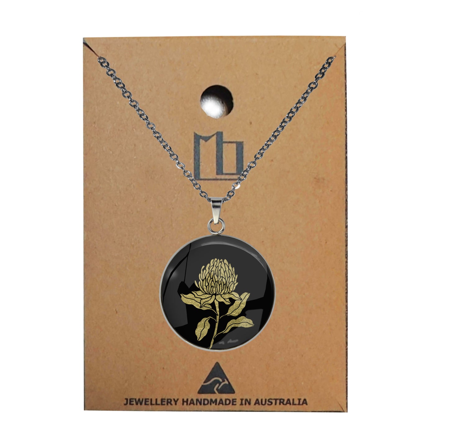 AUSTRALIAN NATIVE FLORA - WARATAH TELOPEA CIRCLE PENDANT ON A CHAIN NECKLACE - D935S - on Satchel
