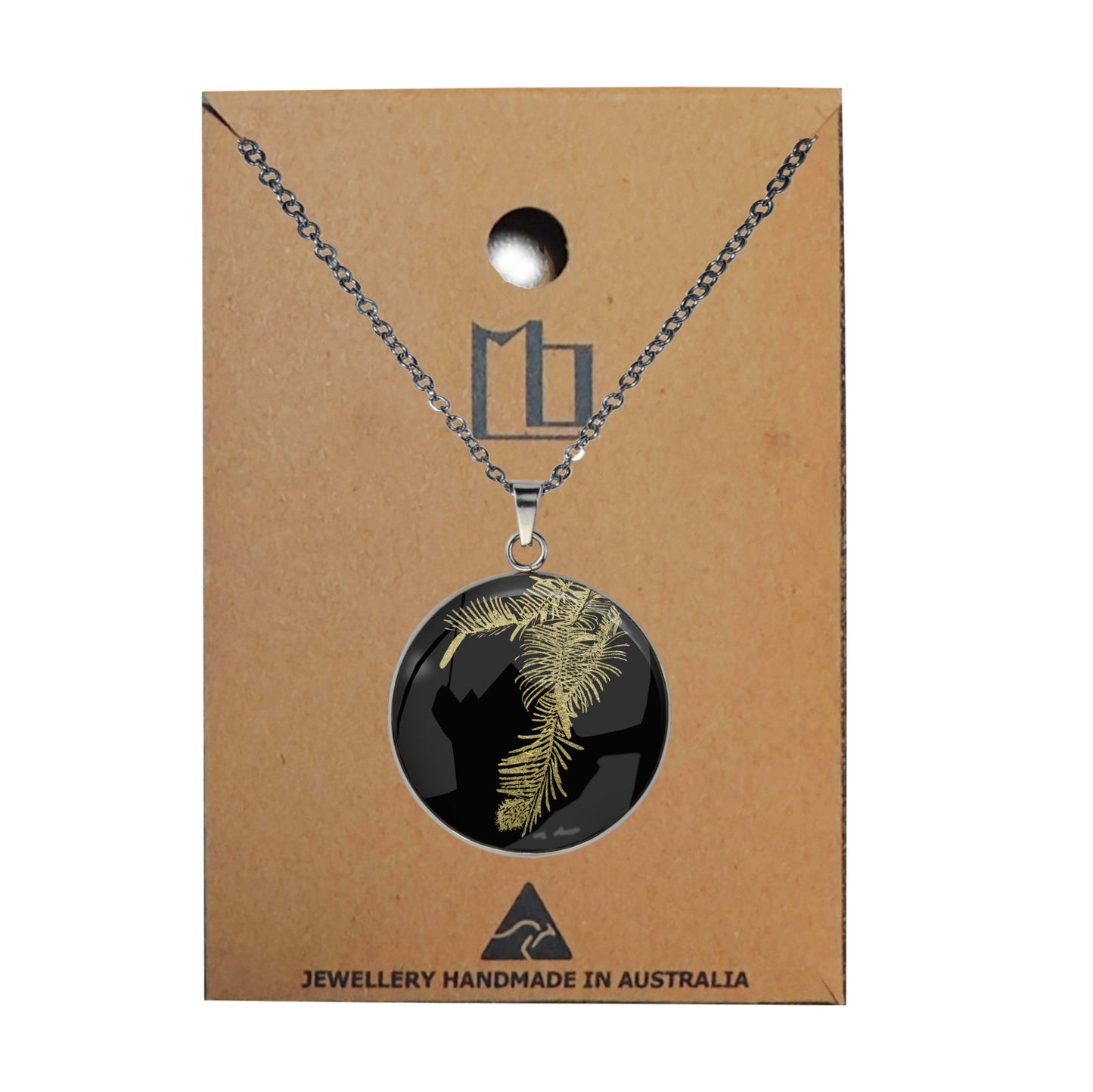 AUSTRALIAN NATIVE FLORA - WOLLEMI PINE CIRCLE PENDANT ON A CHAIN NECKLACE - D939S - on Satchel