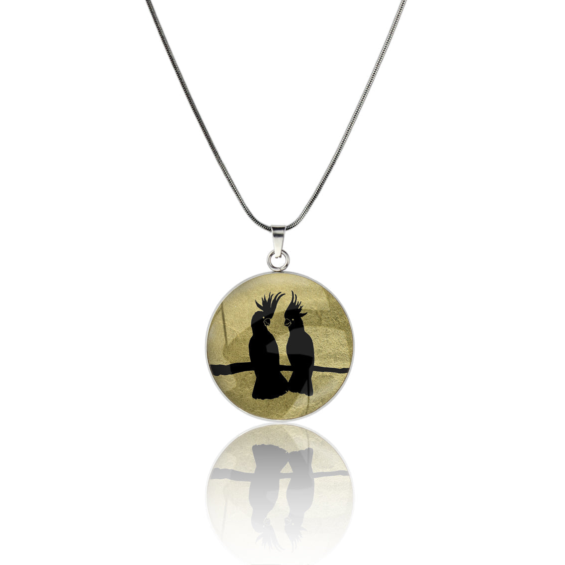 COCKATOO COUPLE CIRCLE PENDANT ON A CHAIN NECKLACE - MFY230S - on Satchel