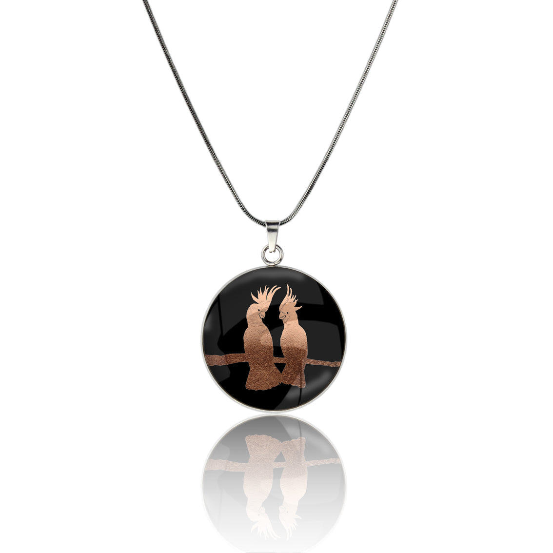 COCKATOO COUPLE CIRCLE PENDANT ON A CHAIN NECKLACE - MFY230S - on Satchel