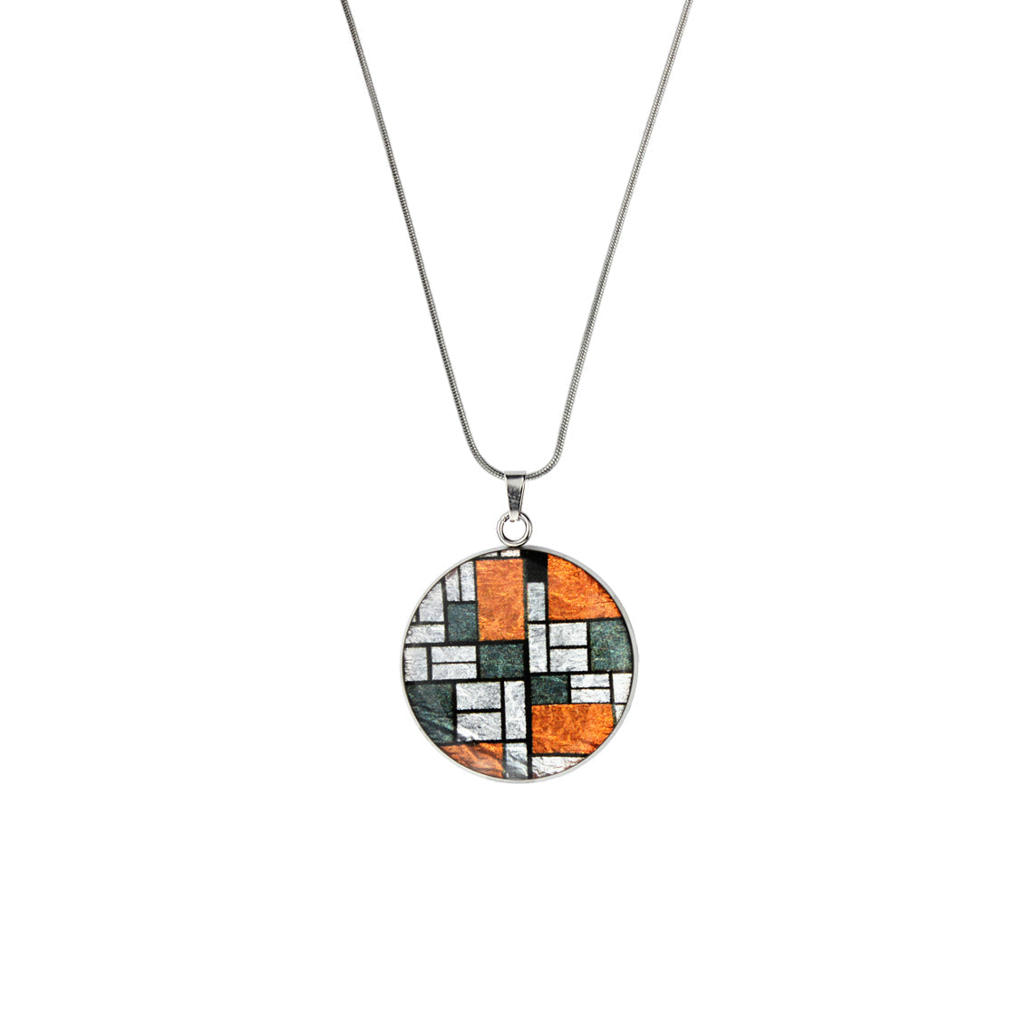PERSPECTIVE MONDRIAN POP ART ABSTRACT CIRCLE PENDANT ON A CHAIN NECKLACE - M171 - in Circle Box