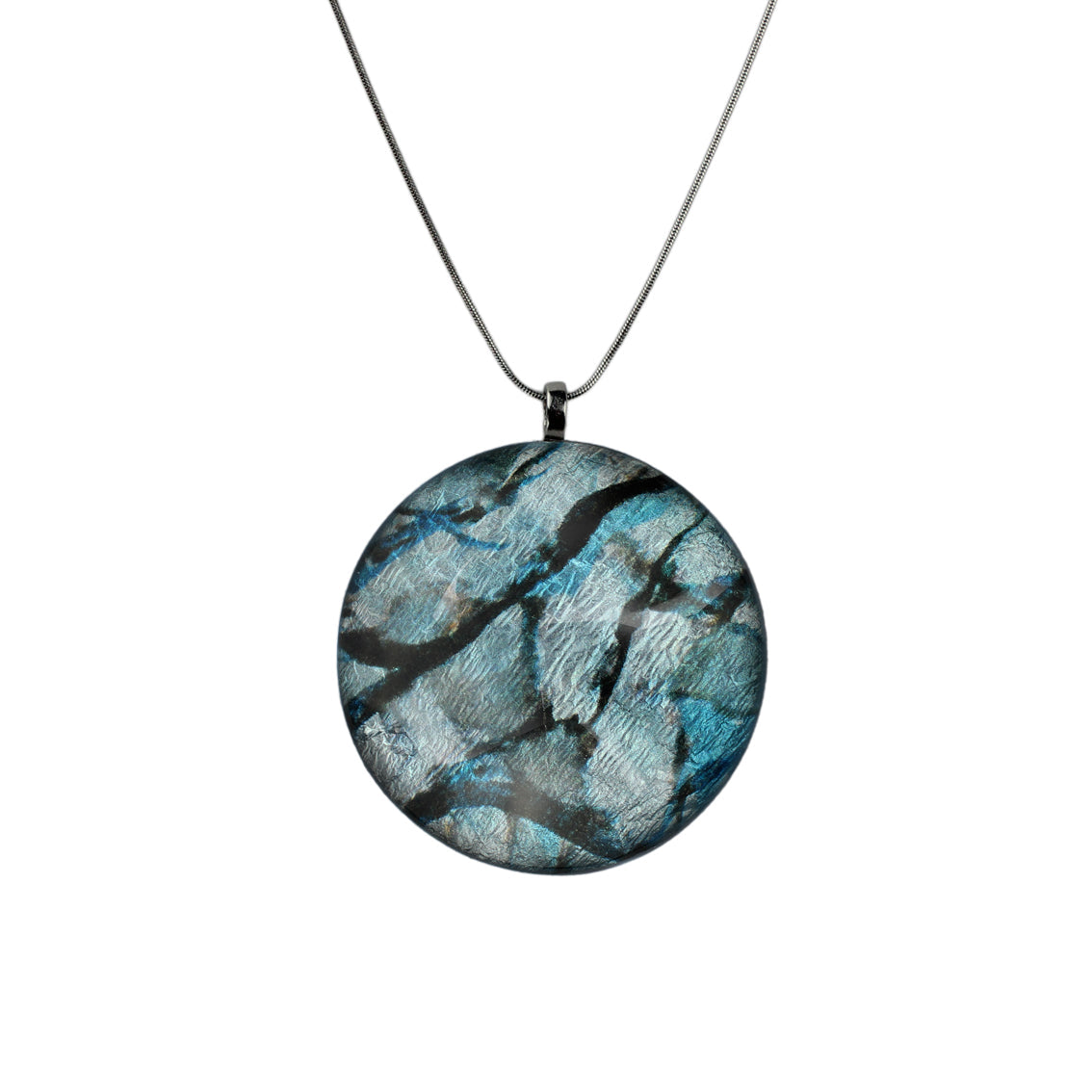 ENTREMELES GREY AND BLUE MONDRIAN TREE INSPIRED LARGE CIRCLE PENDANT ON A CHAIN NECKLACE - D288