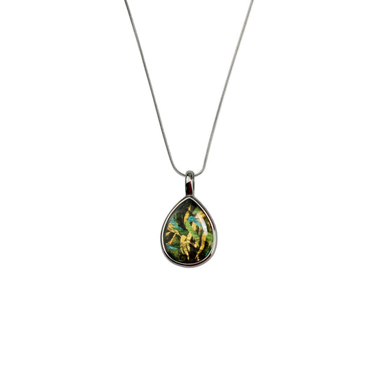 EUCALYPTUS IN SPRING GREEN DROP PENDANT ON A CHAIN NECKLACE - M025 - in Circle Box