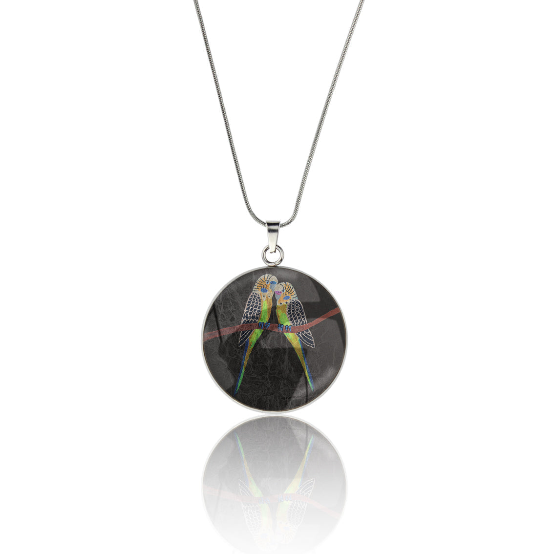 KATHLEEN BUDGIE BIRDS CIRCLE PENDANT ON A CHAIN NECKLACE - M163S - on Satchel