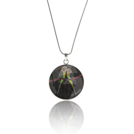 KATHLEEN BUDGIE BIRDS CIRCLE PENDANT ON A CHAIN NECKLACE - M163S - on Satchel
