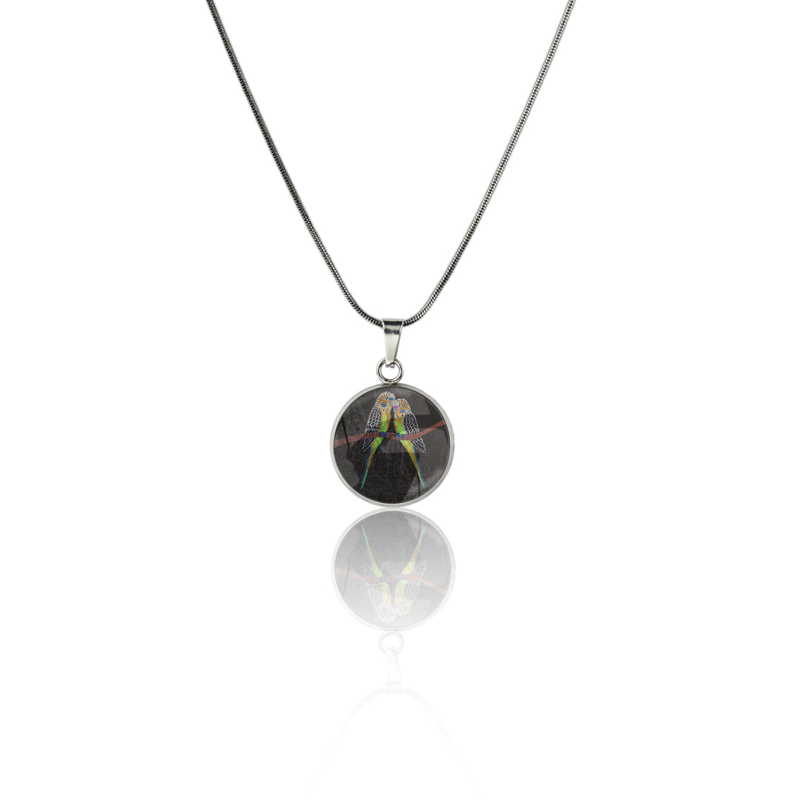 KATHLEEN BUDGIE BIRDS XS CIRCLE PENDANT ON A CHAIN NECKLACE - M164S - on Satchel
