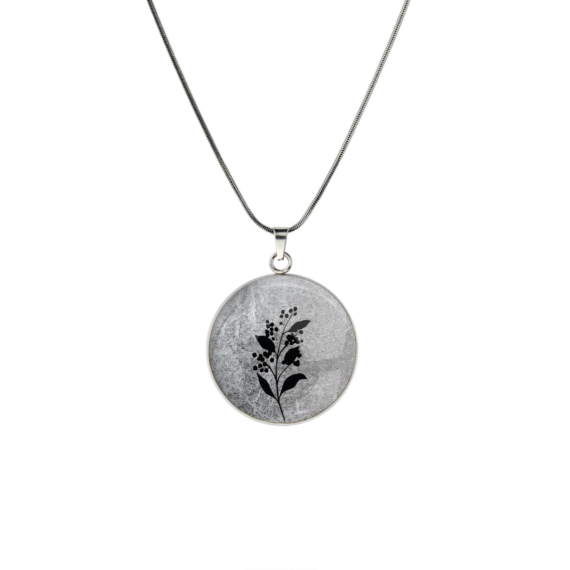 AUSTRALIAN NATIVE FLORA - ACACIA WATTLE CIRCLE PENDANT ON A CHAIN NECKLACE - D827S - on Satchel