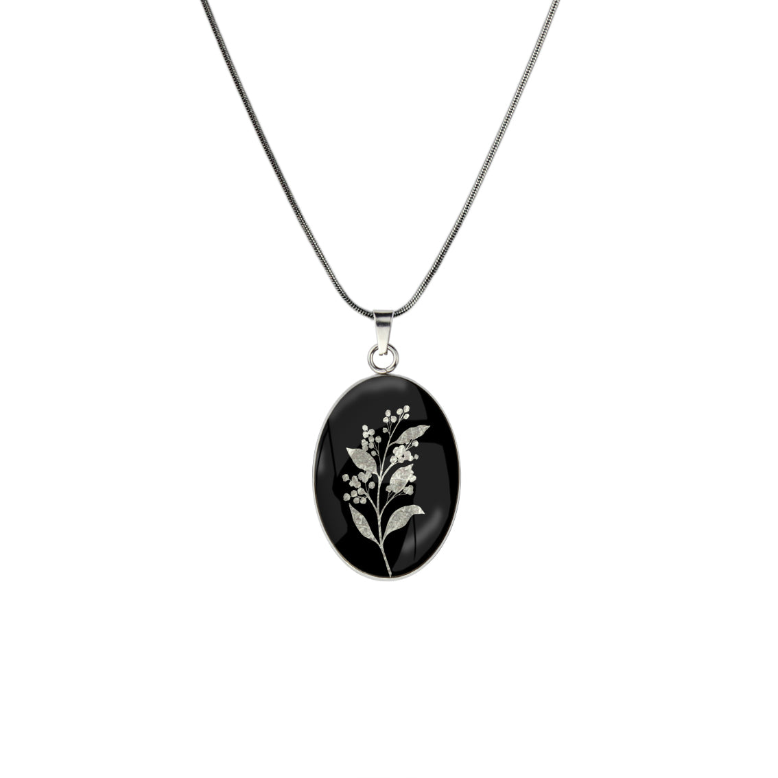 AUSTRALIAN NATIVE FLORA - ACACIA WATTLE OVAL CIRCLE PENDANT ON A CHAIN NECKLACE - D826S - on Satchel