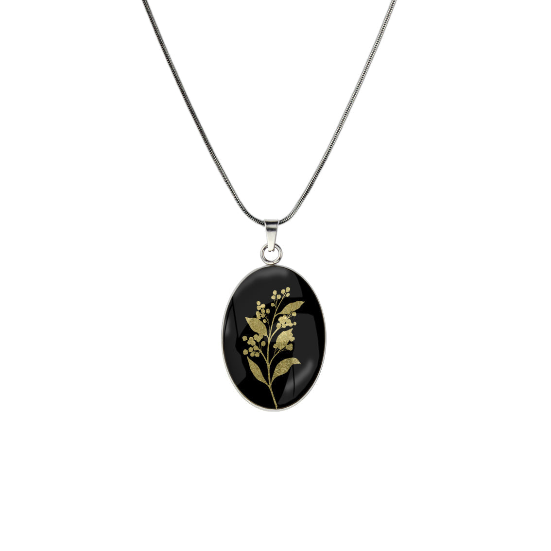 AUSTRALIAN NATIVE FLORA - ACACIA WATTLE OVAL CIRCLE PENDANT ON A CHAIN NECKLACE - D826S - on Satchel