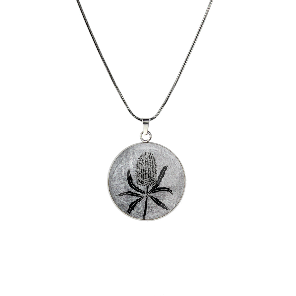 AUSTRALIAN NATIVE FLORA - BANKSIA CIRCLE PENDANT ON A CHAIN NECKLACE - D839S - on Satchel