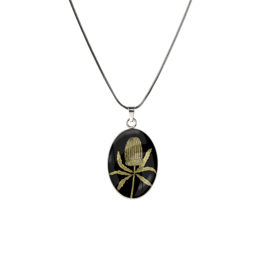 AUSTRALIAN NATIVE FLORA - BANKSIA OVAL CIRCLE PENDANT ON A CHAIN NECKLACE - D838S - on Satchel
