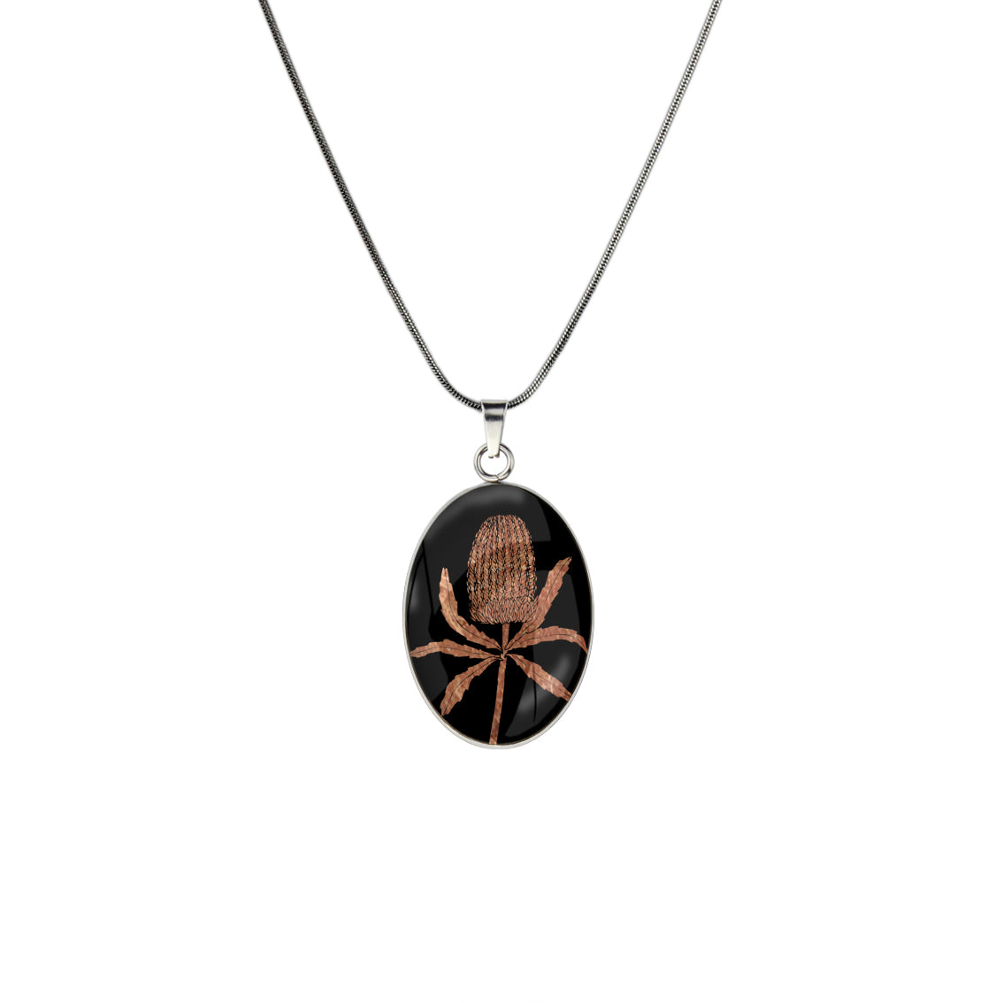 AUSTRALIAN NATIVE FLORA - BANKSIA OVAL CIRCLE PENDANT ON A CHAIN NECKLACE - D838S - on Satchel