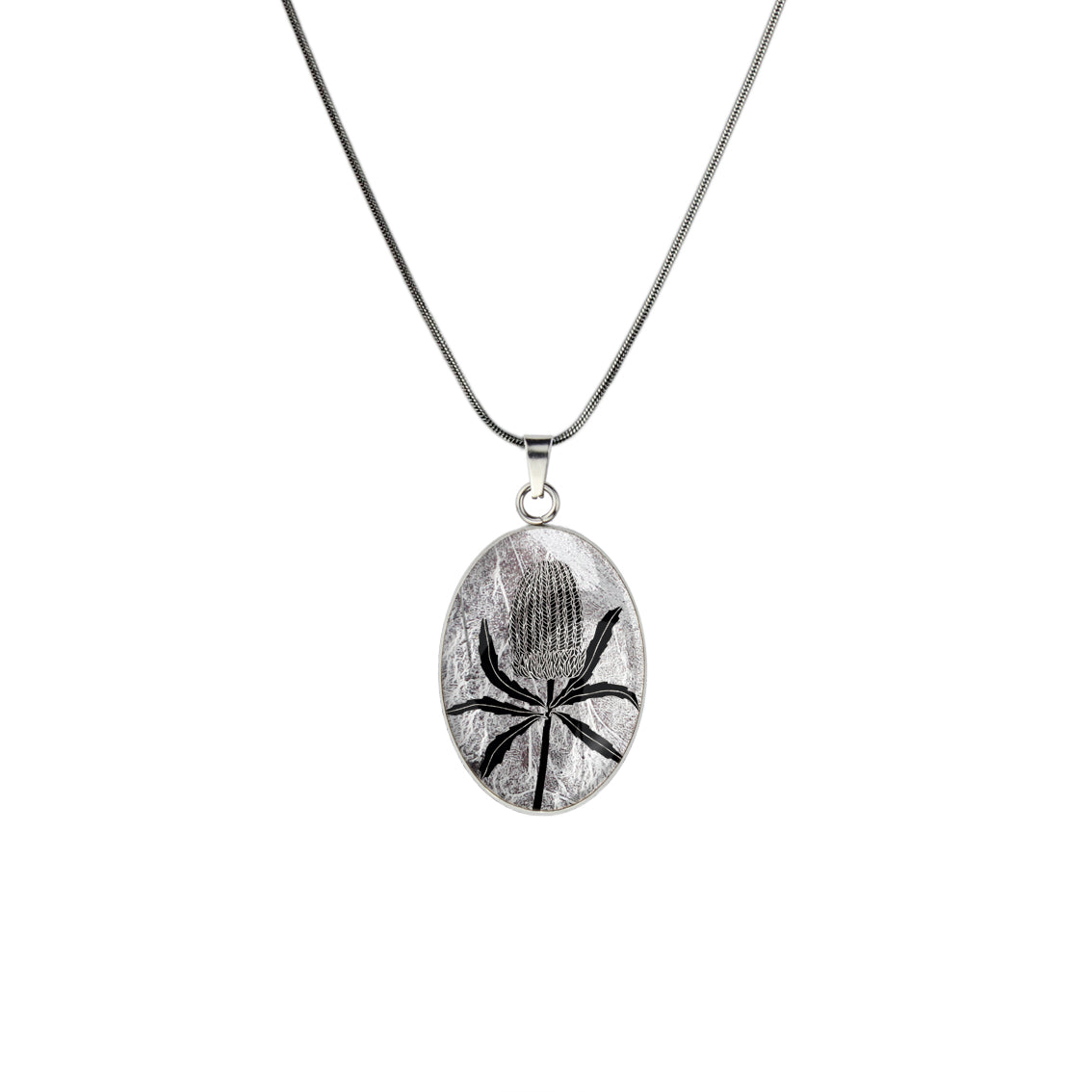 AUSTRALIAN NATIVE FLORA - BANKSIA OVAL CIRCLE PENDANT ON A CHAIN NECKLACE - D838S - on Satchel
