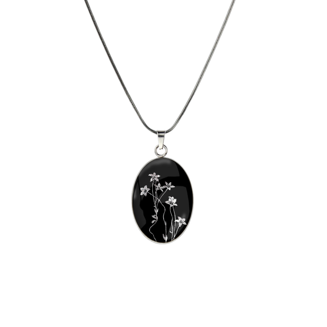 AUSTRALIAN NATIVE FLORA - NATIVE BLUEBELL OVAL CIRCLE PENDANT ON A CHAIN NECKLACE - D894S - on Satchel