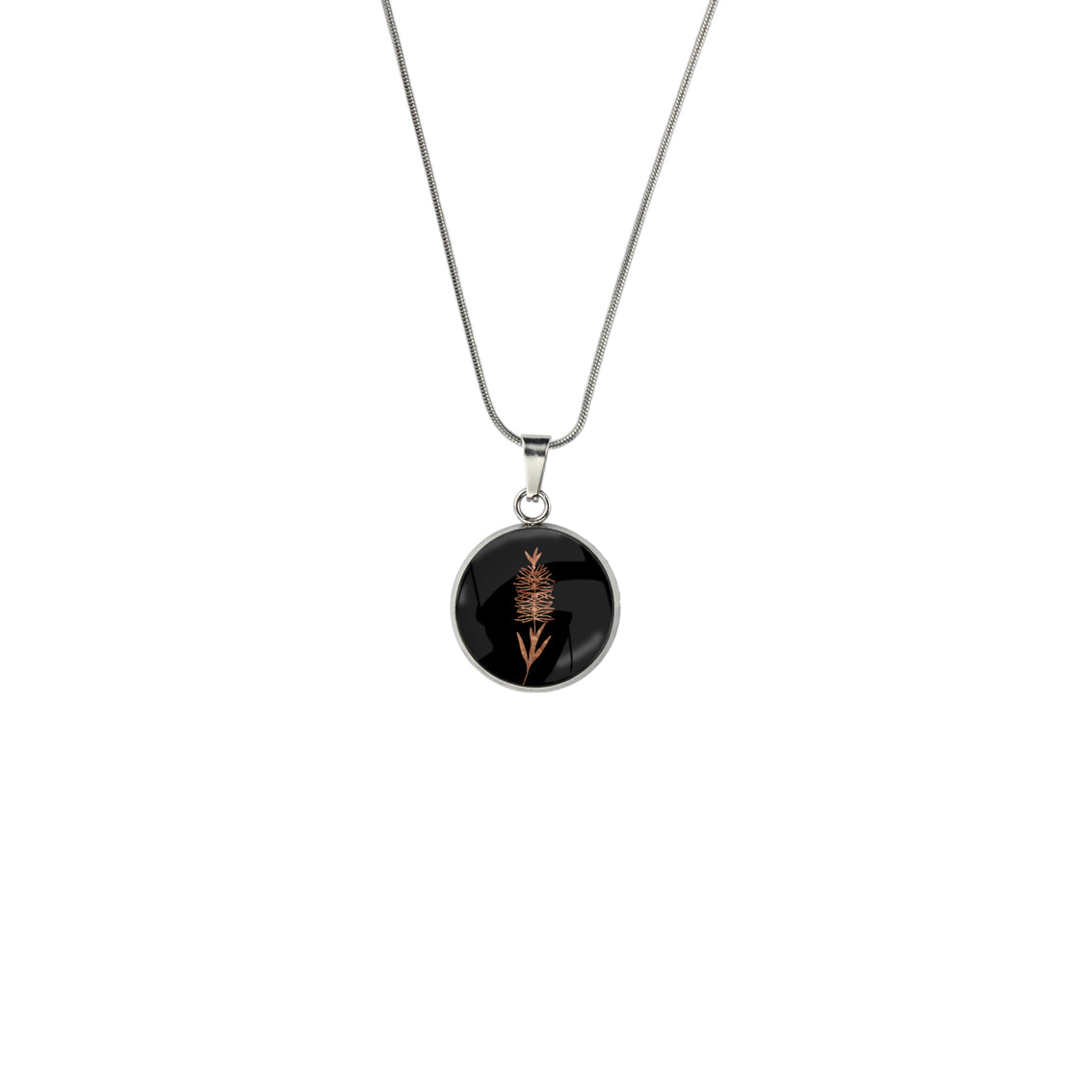 AUSTRALIAN NATIVE FLORA - BOTTLEBRUSH XS CIRCLE PENDANT ON A CHAIN NECKLACE - D857 - in Circle Box