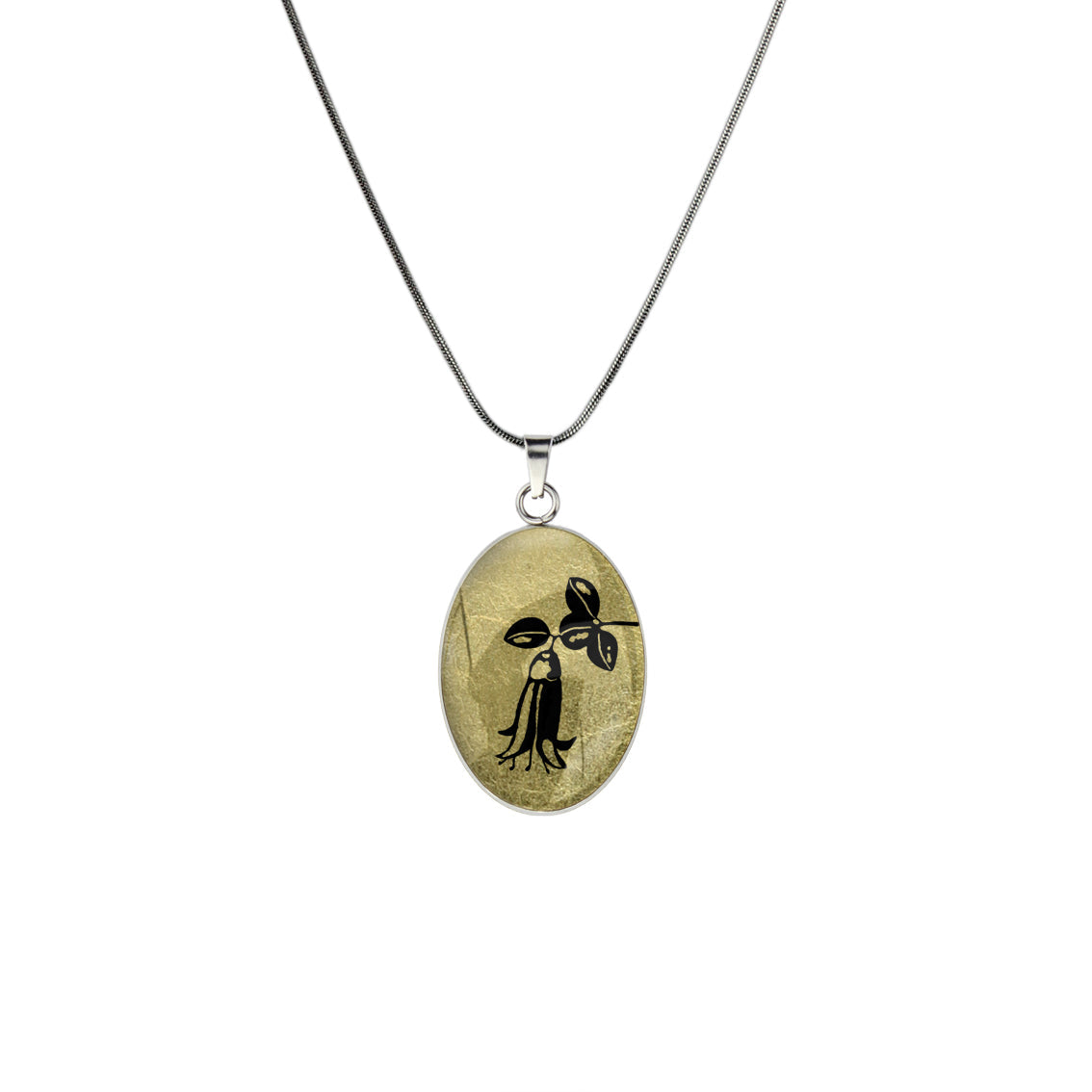 AUSTRALIAN NATIVE FLORA - CANBERRA BELLS TELOPEA OVAL CIRCLE PENDANT ON A CHAIN NECKLACE - D862S - on Satchel