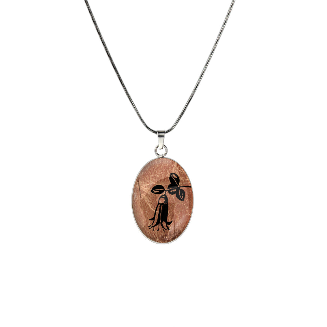 AUSTRALIAN NATIVE FLORA - CANBERRA BELLS TELOPEA OVAL CIRCLE PENDANT ON A CHAIN NECKLACE - D862S - on Satchel