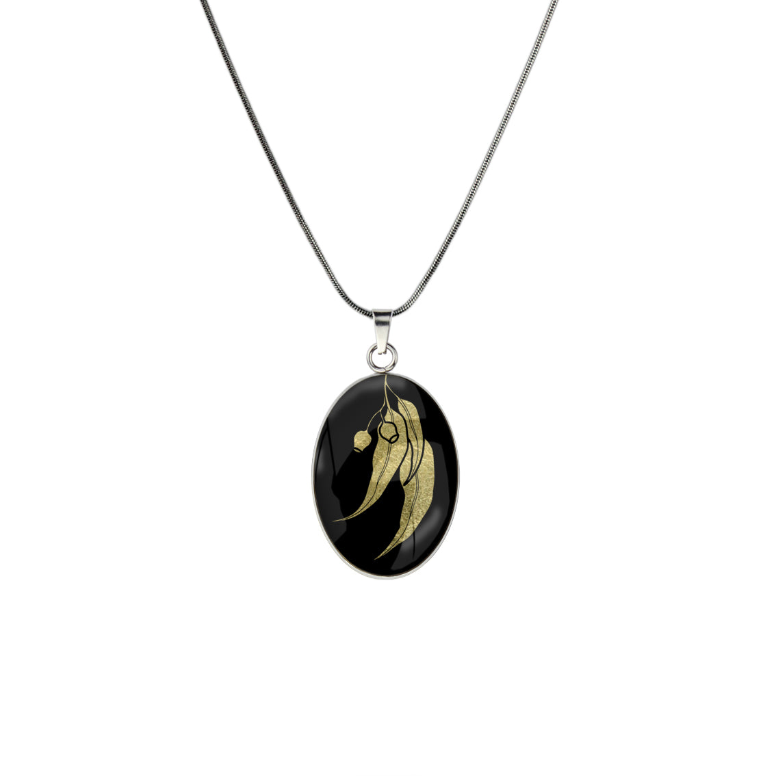 AUSTRALIAN NATIVE FLORA - EUCALYPTUS GUMNUT OVAL CIRCLE PENDANT ON A CHAIN NECKLACE - D866S - on Satchel