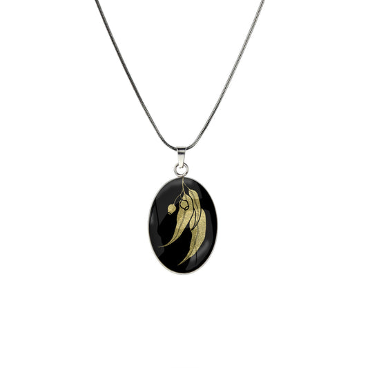 AUSTRALIAN NATIVE FLORA - EUCALYPTUS GUMNUT OVAL CIRCLE PENDANT ON A CHAIN NECKLACE - D866S - on Satchel