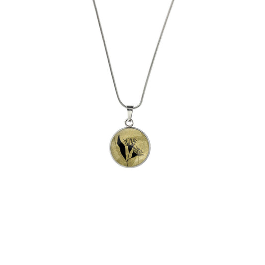 AUSTRALIAN NATIVE FLORA - EUCALYPTUS GUMTREE FLOWER XS CIRCLE PENDANT ON A CHAIN NECKLACE - D869S - on Satchel