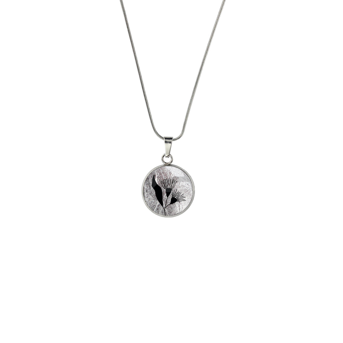 AUSTRALIAN NATIVE FLORA - EUCALYPTUS GUMTREE FLOWER XS CIRCLE PENDANT ON A CHAIN NECKLACE - D869 - in Circle Box