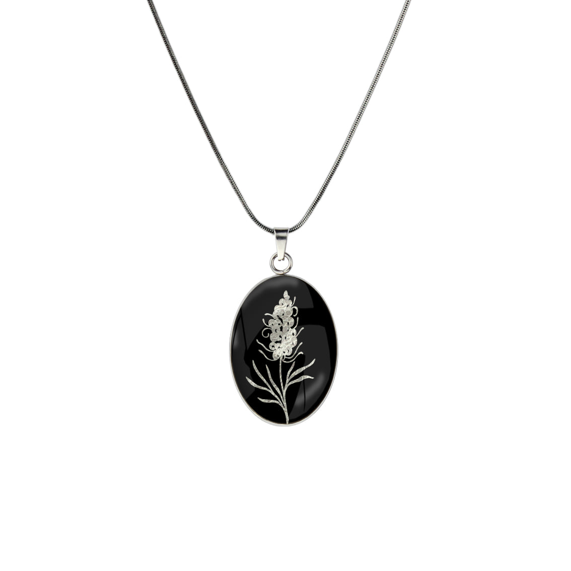 AUSTRALIAN NATIVE FLORA - GREVILLEA SPIDER FLOWER OVAL CIRCLE PENDANT ON A CHAIN NECKLACE - D878S - on Satchel