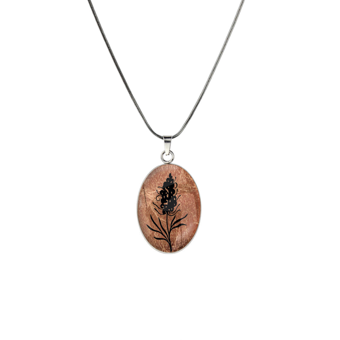 AUSTRALIAN NATIVE FLORA - GREVILLEA SPIDER FLOWER OVAL CIRCLE PENDANT ON A CHAIN NECKLACE - D878S - on Satchel