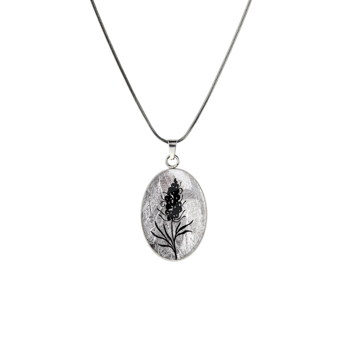 AUSTRALIAN NATIVE FLORA - GREVILLEA SPIDER FLOWER OVAL CIRCLE PENDANT ON A CHAIN NECKLACE - D878S - on Satchel