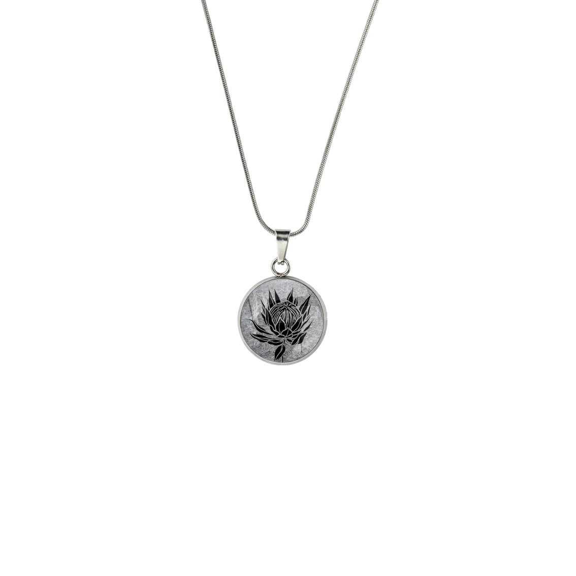 AUSTRALIAN NATIVE FLORA - PROTEA SUGARBUSH XS CIRCLE PENDANT ON A CHAIN NECKLACE - D925S - on Satchel