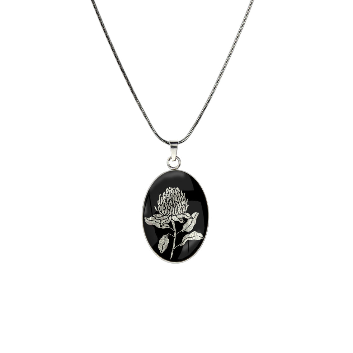 AUSTRALIAN NATIVE FLORA - WARATAH TELOPEA OVAL CIRCLE PENDANT ON A CHAIN NECKLACE - D934S - on Satchel
