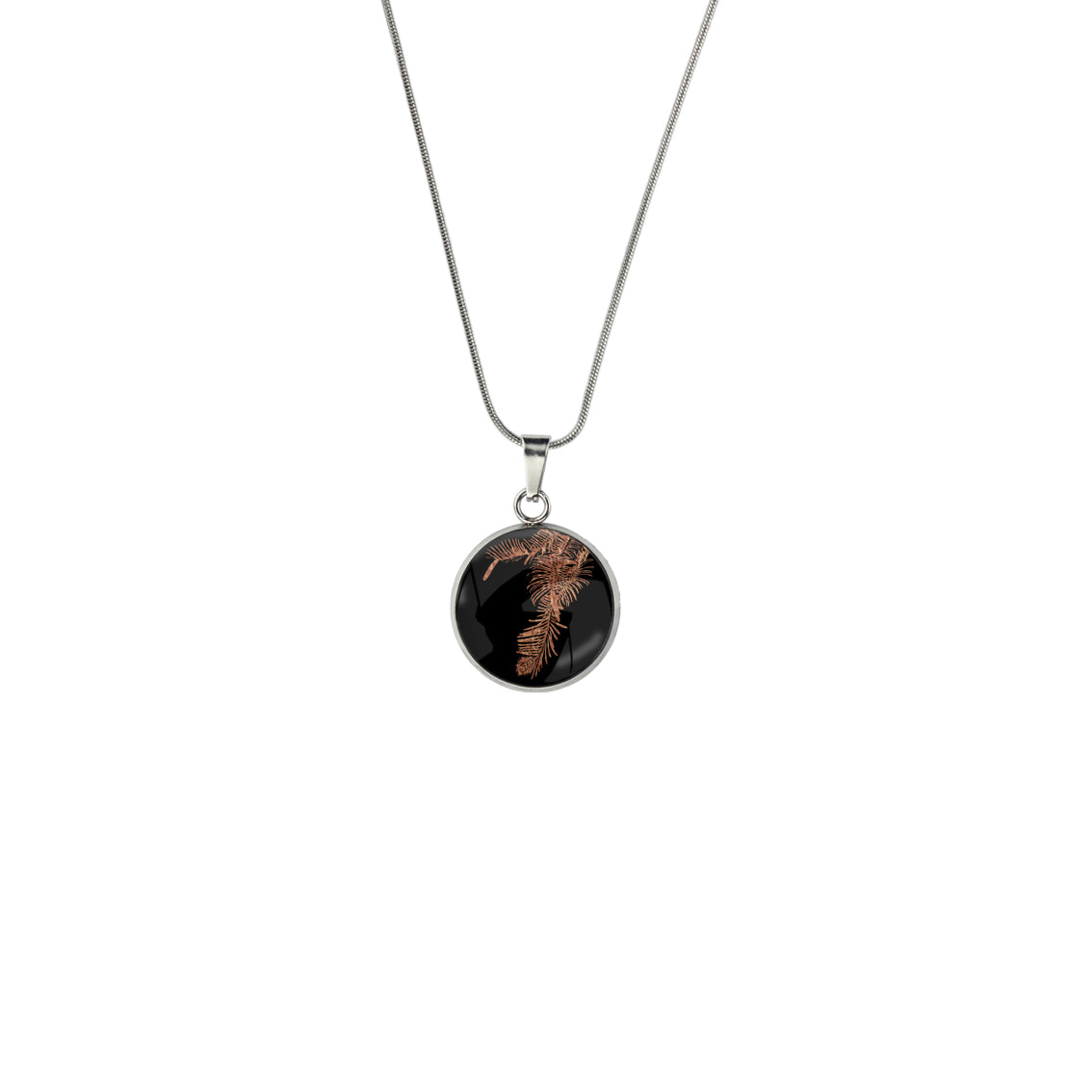 AUSTRALIAN NATIVE FLORA - WOLLEMI PINE XS CIRCLE PENDANT ON A CHAIN NECKLACE - D937S - on Satchel