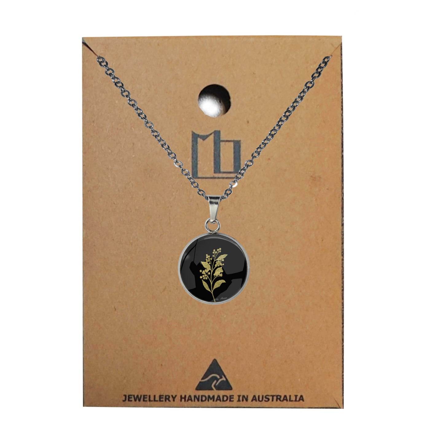 AUSTRALIAN NATIVE FLORA - ACACIA WATTLE XS CIRCLE PENDANT ON A CHAIN NECKLACE - D825S - on Satchel