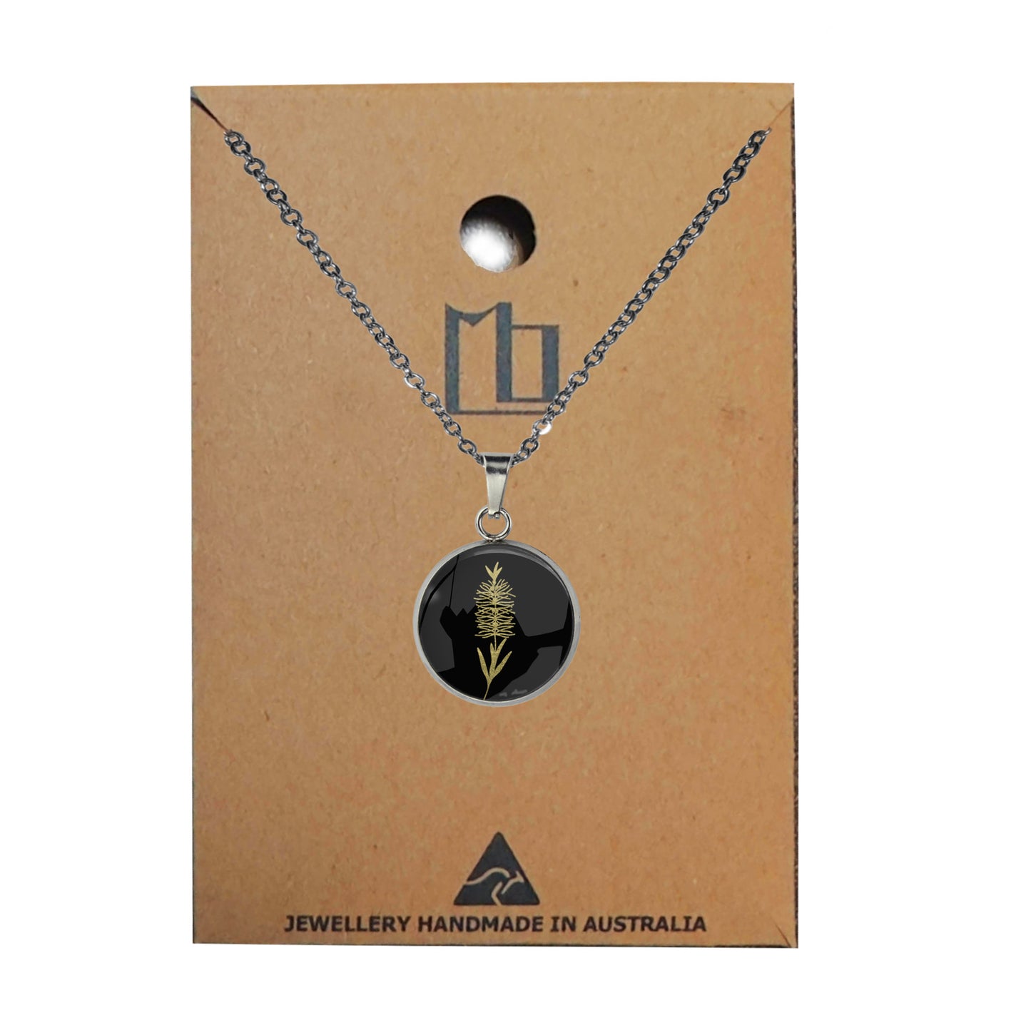 AUSTRALIAN NATIVE FLORA - BOTTLEBRUSH XS CIRCLE PENDANT ON A CHAIN NECKLACE - D857S - on Satchel