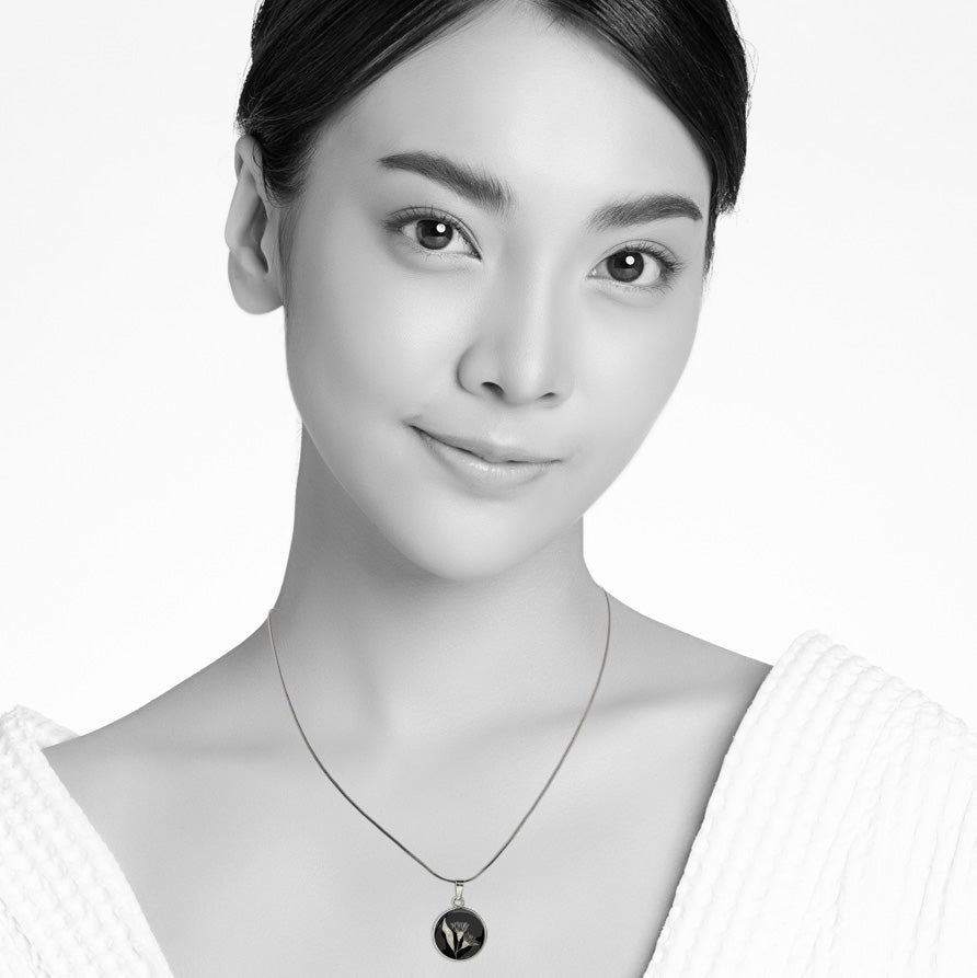 AUSTRALIAN NATIVE FLORA - EUCALYPTUS GUMTREE FLOWER XS CIRCLE PENDANT ON A CHAIN NECKLACE - D869S - on Satchel