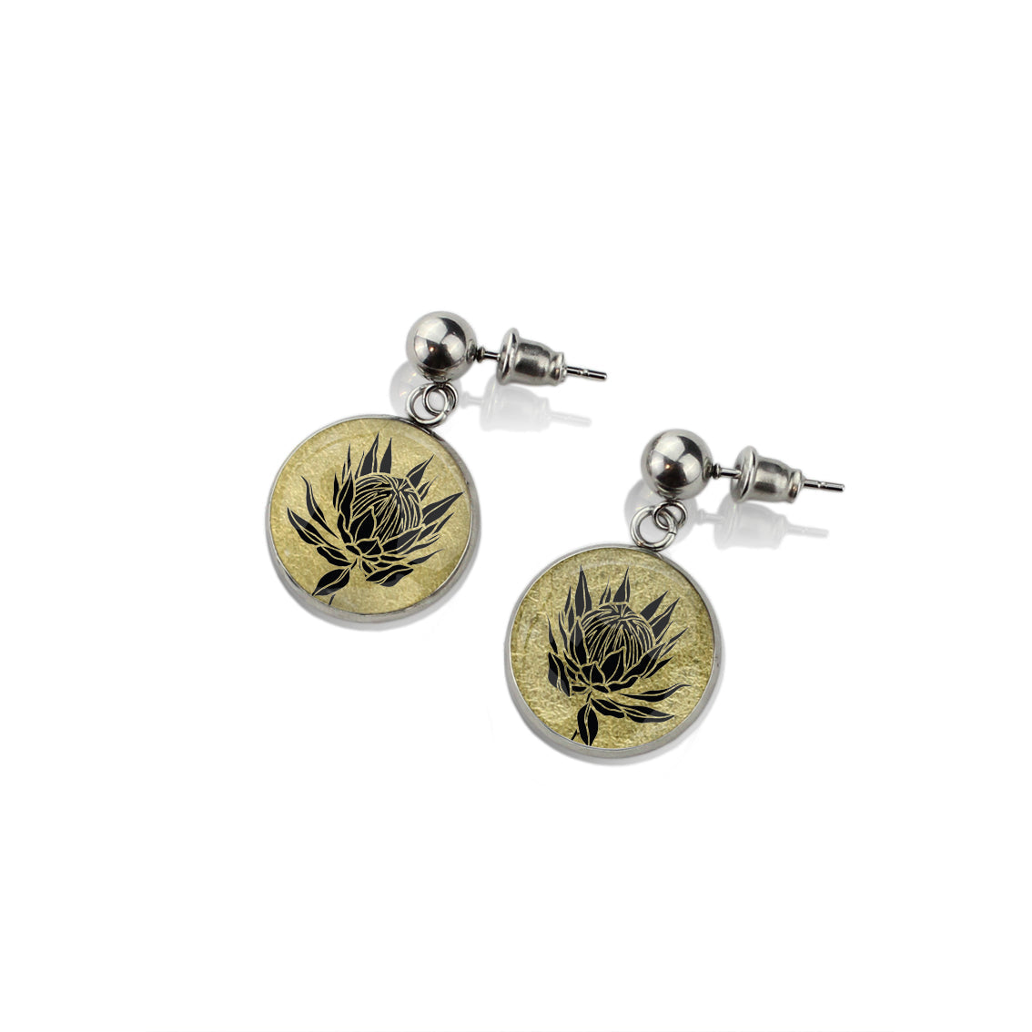 AUSTRALIAN NATIVE FLORA - PROTEA SUGARBUSH CIRCLE EARRINGS - D924S - on Satchel
