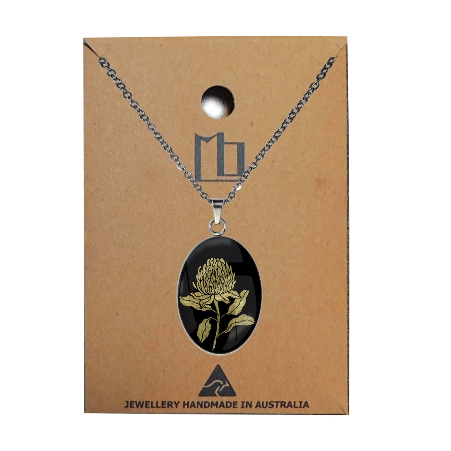 AUSTRALIAN NATIVE FLORA - WARATAH TELOPEA OVAL CIRCLE PENDANT ON A CHAIN NECKLACE - D934S - on Satchel