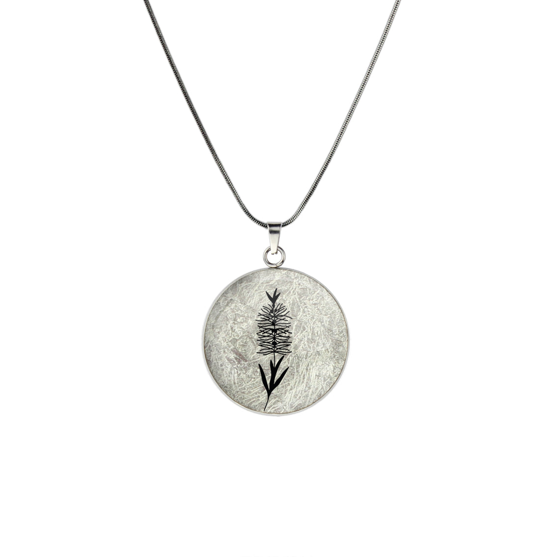 AUSTRALIAN NATIVE FLORA - BOTTLEBRUSH CIRCLE PENDANT ON A CHAIN NECKLACE - D859S - on Satchel