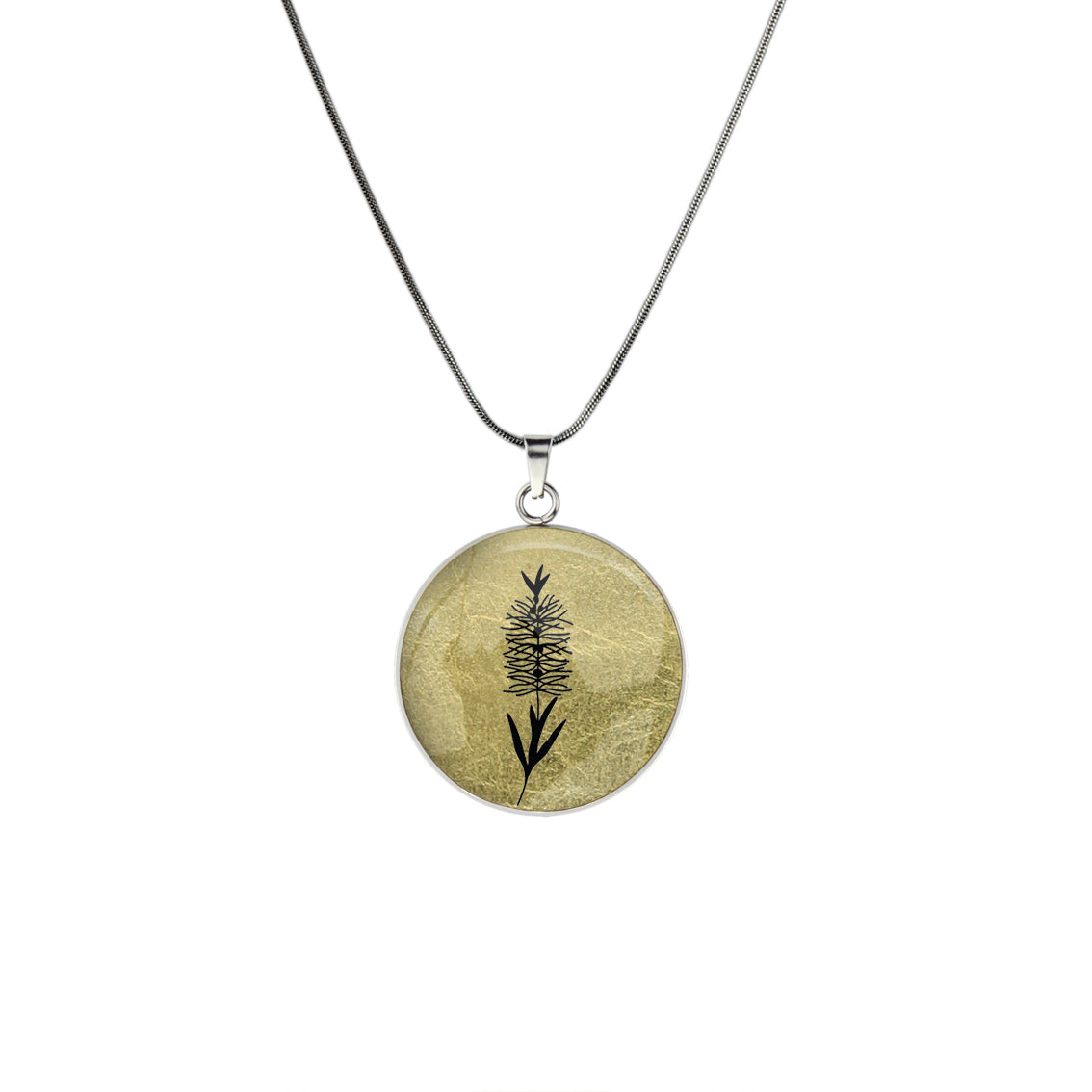 AUSTRALIAN NATIVE FLORA - BOTTLEBRUSH CIRCLE PENDANT ON A CHAIN NECKLACE - D859S - on Satchel
