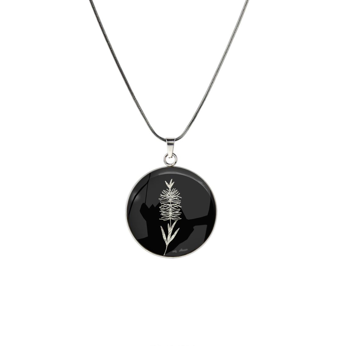 AUSTRALIAN NATIVE FLORA - BOTTLEBRUSH CIRCLE PENDANT ON A CHAIN NECKLACE - D859S - on Satchel