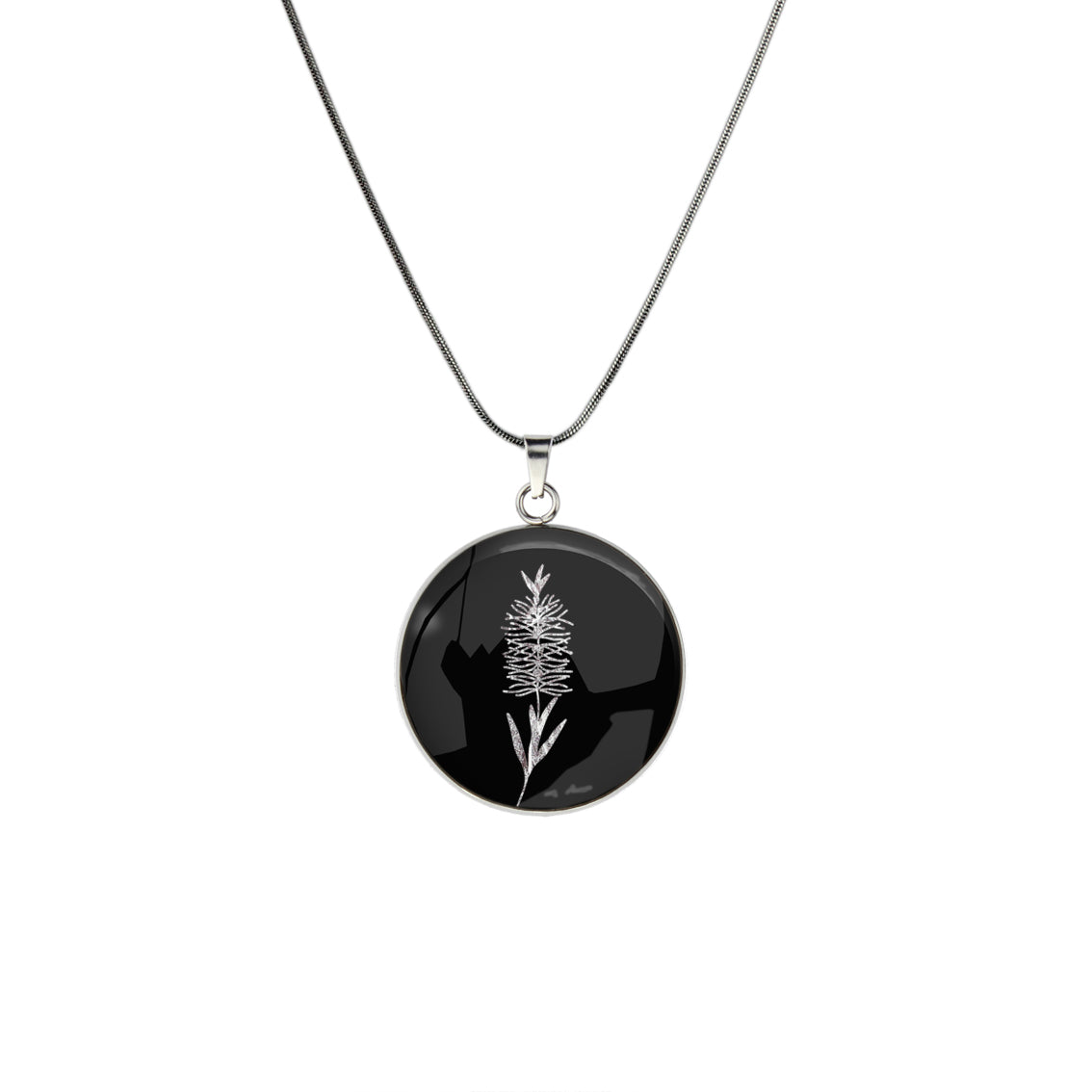 AUSTRALIAN NATIVE FLORA - BOTTLEBRUSH CIRCLE PENDANT ON A CHAIN NECKLACE - D859S - on Satchel