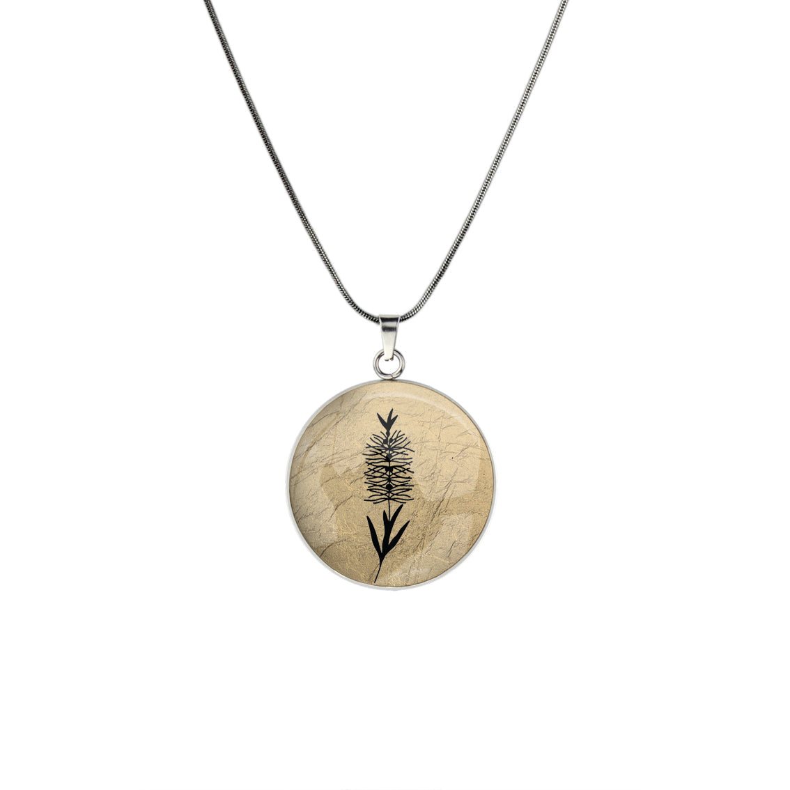 AUSTRALIAN NATIVE FLORA - BOTTLEBRUSH CIRCLE PENDANT ON A CHAIN NECKLACE - D859S - on Satchel
