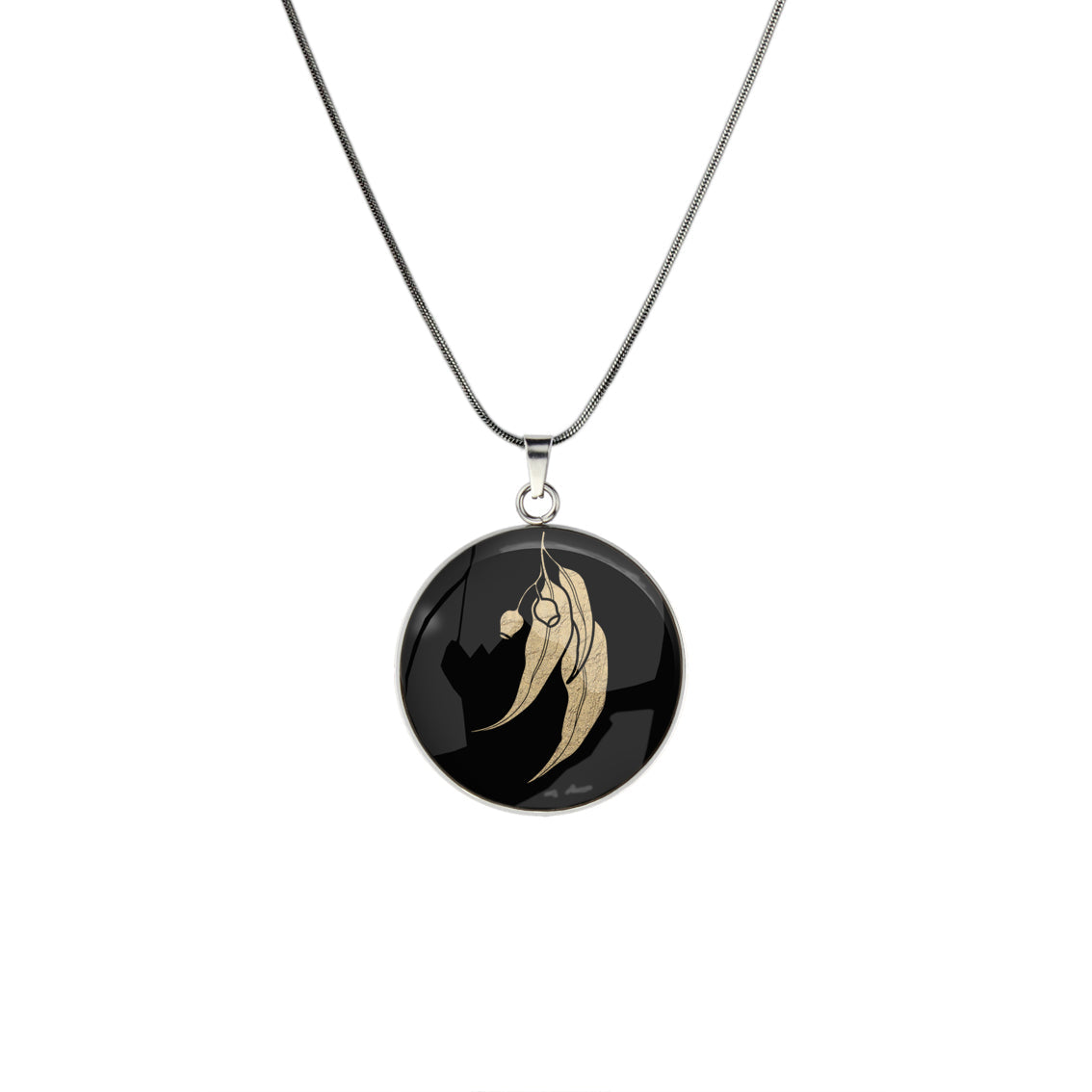 AUSTRALIAN NATIVE FLORA - EUCALYPTUS GUMNUT CIRCLE PENDANT ON A CHAIN NECKLACE - D867S - on Satchel