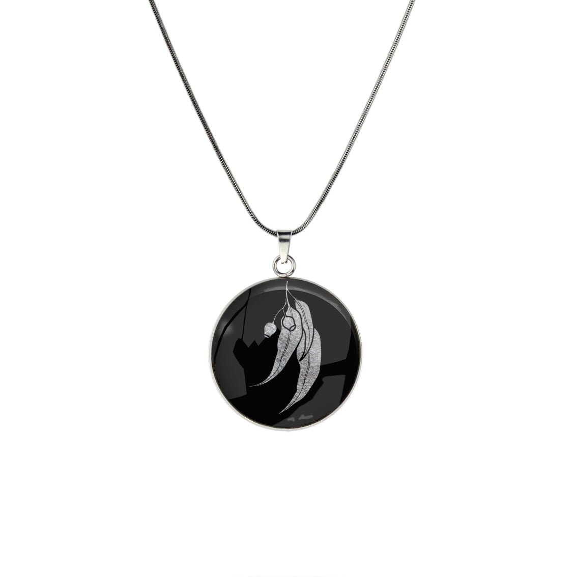 AUSTRALIAN NATIVE FLORA - EUCALYPTUS GUMNUT CIRCLE PENDANT ON A CHAIN NECKLACE - D867S - on Satchel