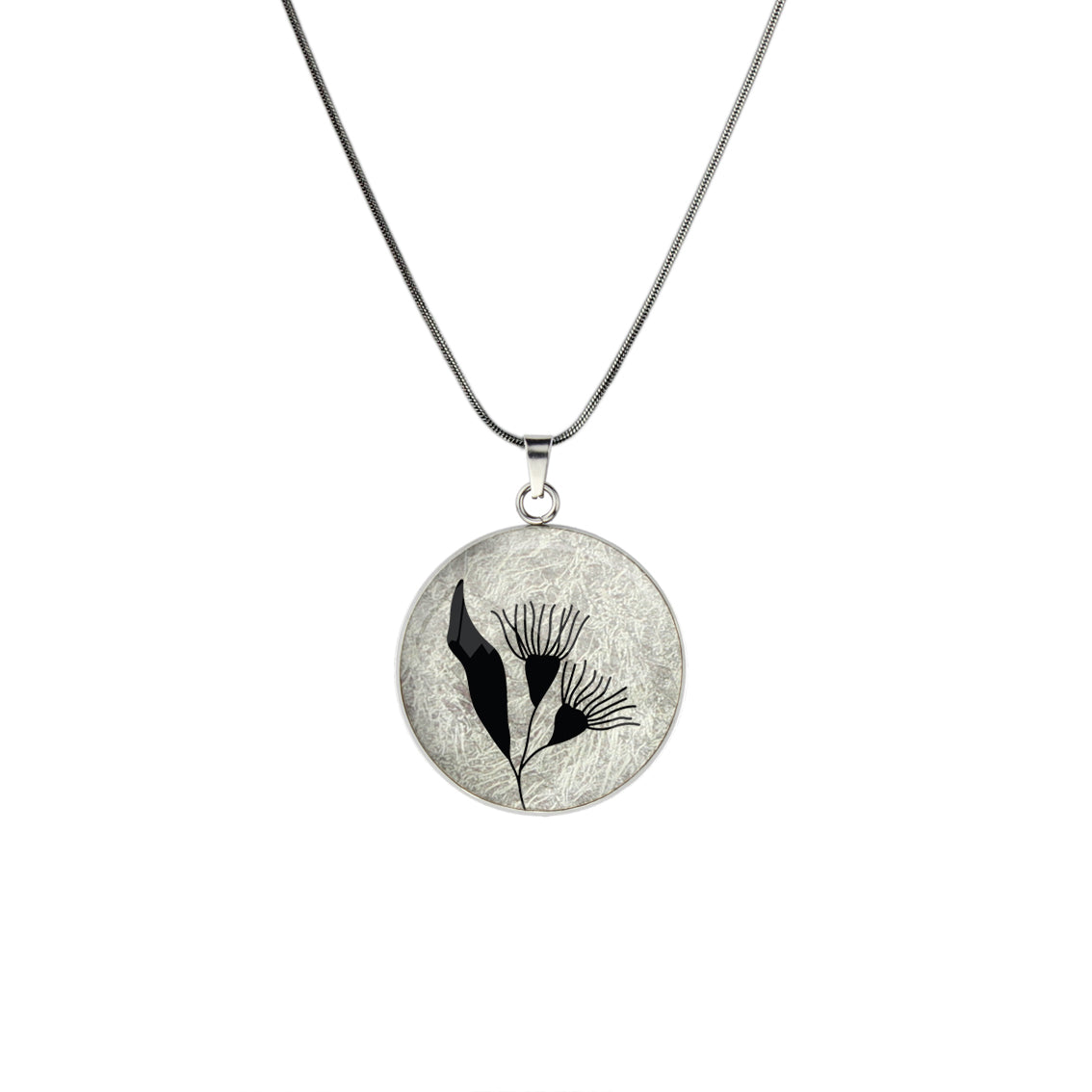 AUSTRALIAN NATIVE FLORA - EUCALYPTUS GUMTREE FLOWER CIRCLE PENDANT ON A CHAIN NECKLACE - D871S - on Satchel