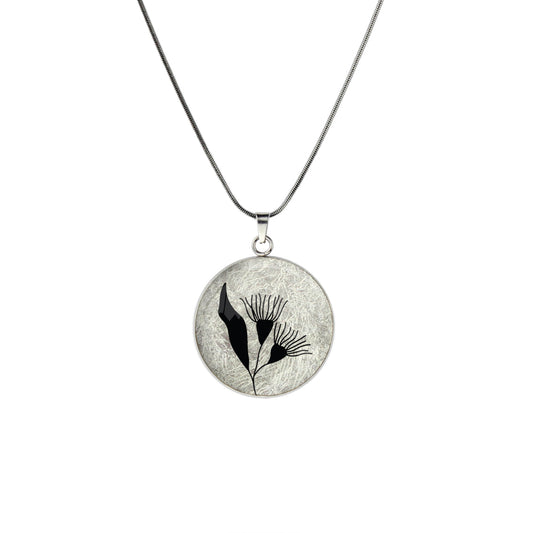AUSTRALIAN NATIVE FLORA - EUCALYPTUS GUMTREE FLOWER CIRCLE PENDANT ON A CHAIN NECKLACE - D871S - on Satchel