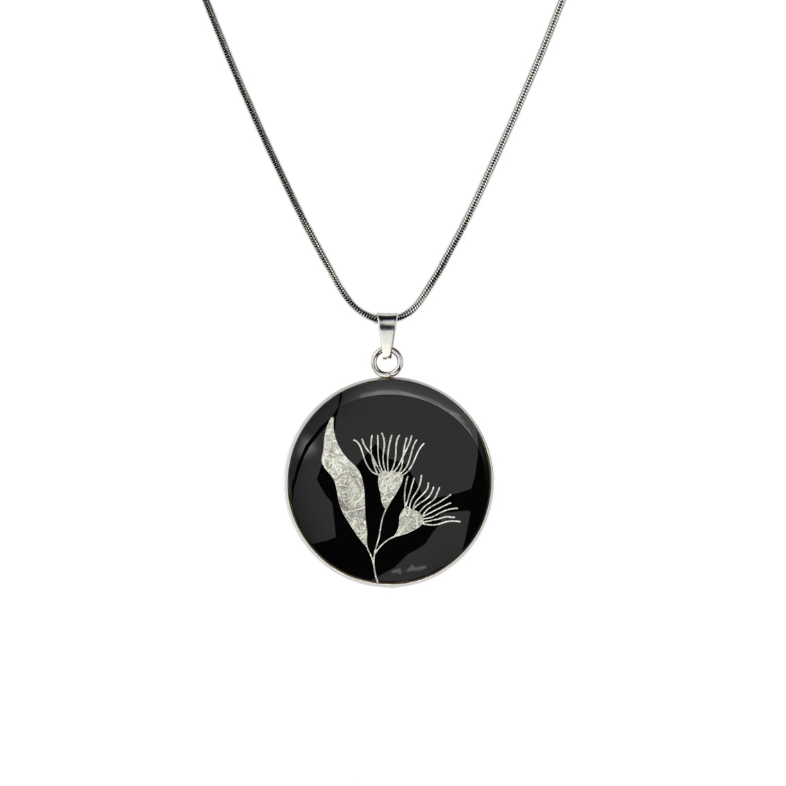 AUSTRALIAN NATIVE FLORA - EUCALYPTUS GUMTREE FLOWER CIRCLE PENDANT ON A CHAIN NECKLACE - D871S - on Satchel