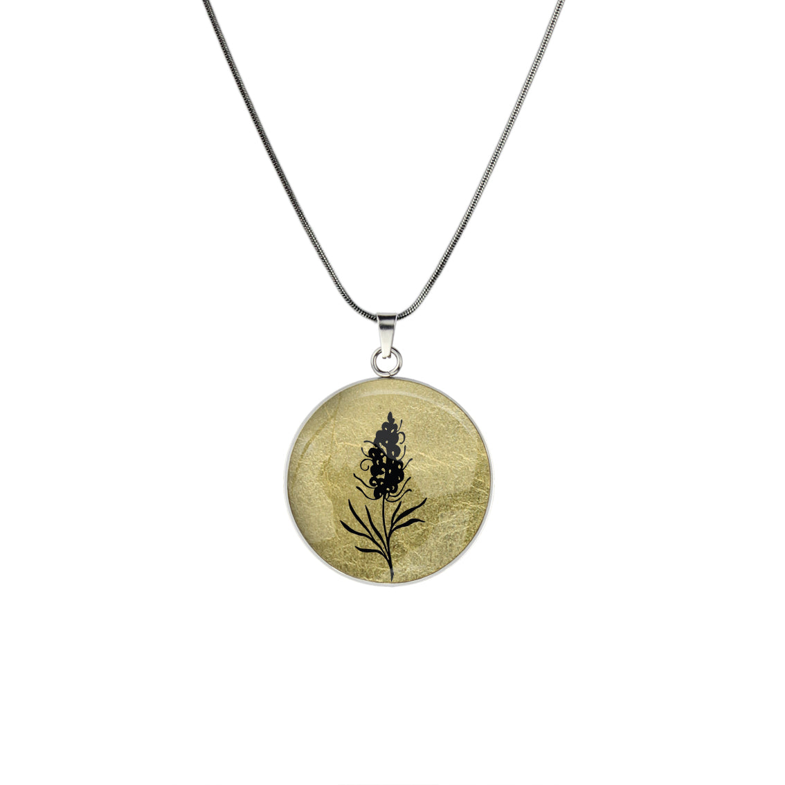 AUSTRALIAN NATIVE FLORA - GREVILLEA SPIDER FLOWER CIRCLE PENDANT ON A CHAIN NECKLACE - D879S - on Satchel