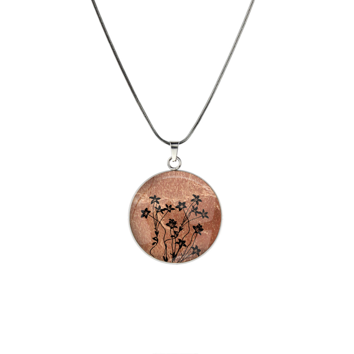 AUSTRALIAN NATIVE FLORA - NATIVE BLUEBELL CIRCLE PENDANT ON A CHAIN NECKLACE - D895S - on Satchel