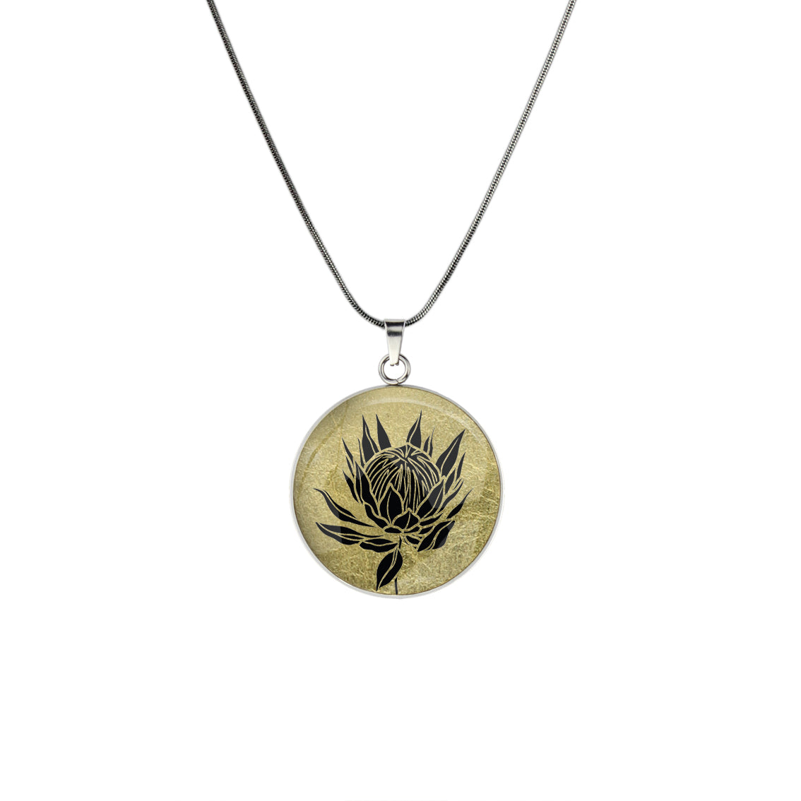 AUSTRALIAN NATIVE FLORA - PROTEA SUGARBUSH CIRCLE PENDANT ON A CHAIN NECKLACE - D927S - on Satchel