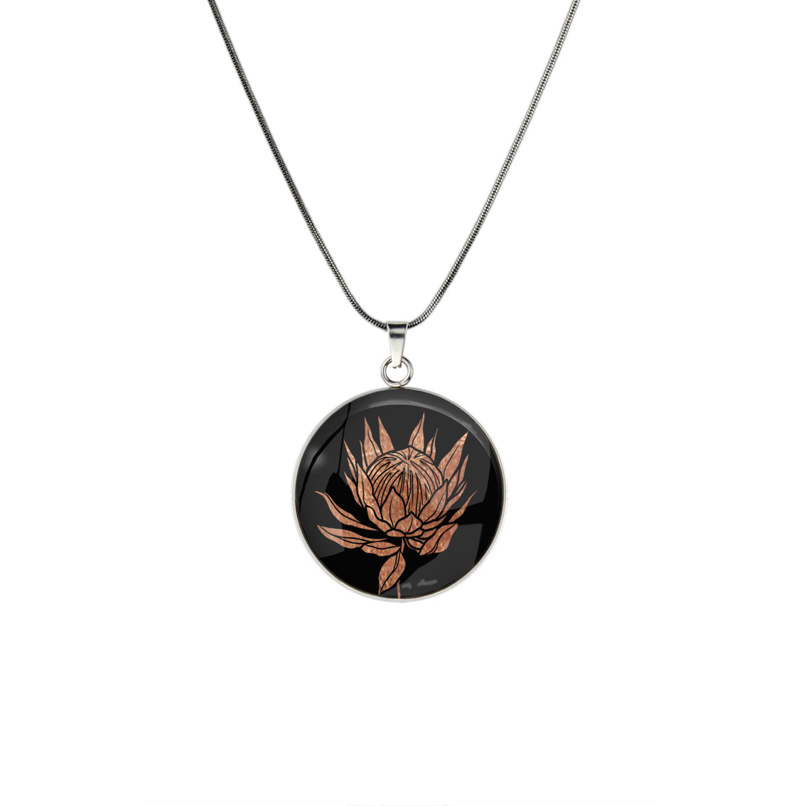 AUSTRALIAN NATIVE FLORA - PROTEA SUGARBUSH CIRCLE PENDANT ON A CHAIN NECKLACE - D927S - on Satchel